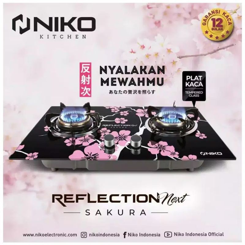 Kompor Tanam / Duduk Gas Kaca 2 Tungku Niko Reflection Next Sakura Tempered Glass