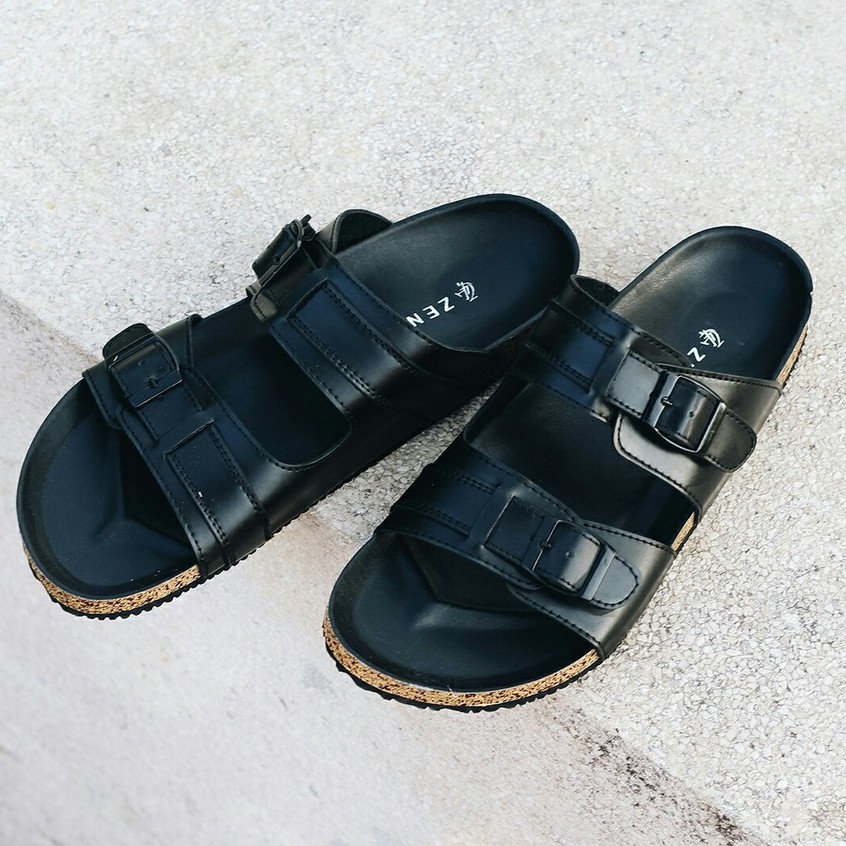 Gabriel Full Black | Sendal Jepit Tali Kulit Simpel Kayu Pria/Cowok Sandal Footwear | FORIND x Zensa