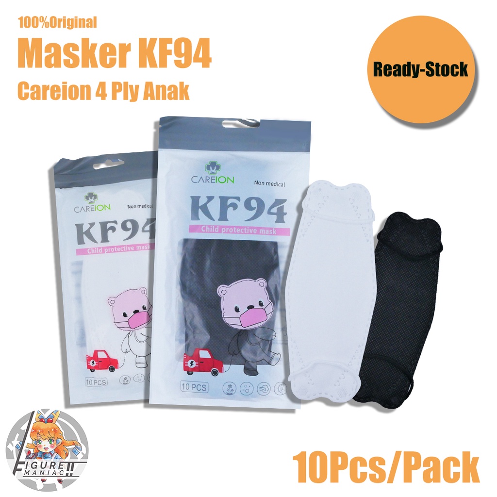 Figure Maniac - Masker Anak KF94 Careion Putih Hitam 4 Ply Original isi 10 Pcs