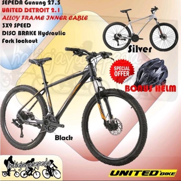 Sepeda Gunung United 27,5 Detroit 2.1 Alloy/3X9Sp/Hydrolik Bonus Helm Terlaris R10
