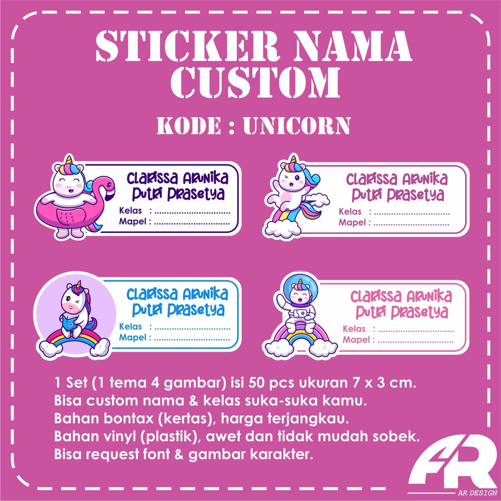 

Sticker Label Nama Buku Custom Tempelan Lucu Murah - Unicorn