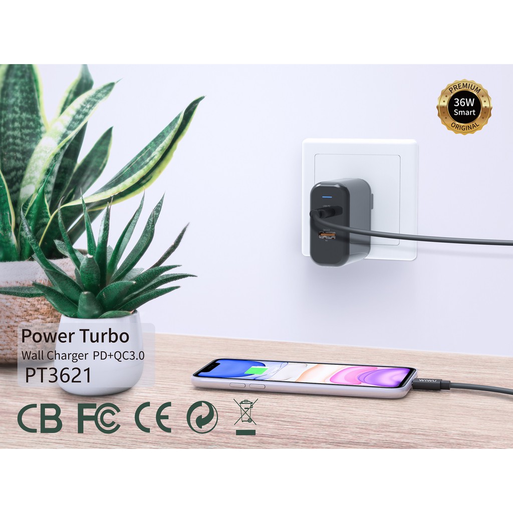 WIWU POWER TURBO PT3621 - Dual USB Wall Charger PD and QC3.0 - 36W MAX - Charger 2 Port PD dan QC3.0