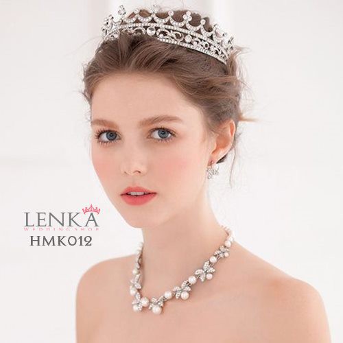 Paket Crown Kalung Anting Crystal Aksesoris Royal Pengantin Lenka - HMK012