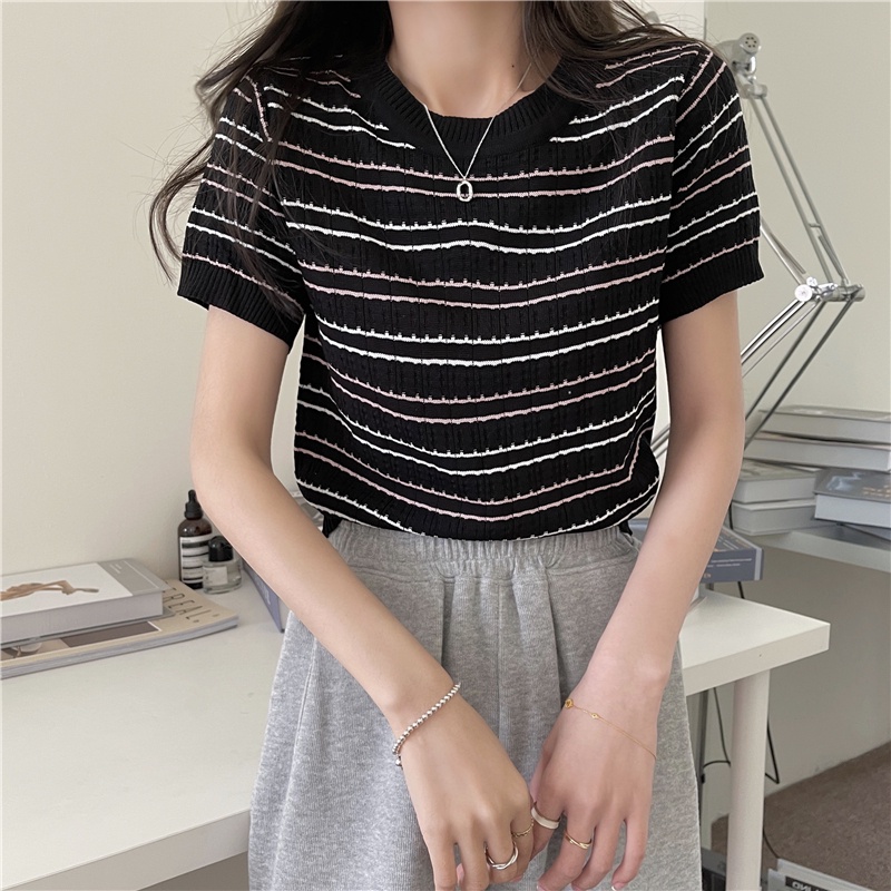 Korean style knit sweater T-shirt rajutan garis-garis pendek musim panas lengan pendek baju atasan wanita Panjang Bergaris