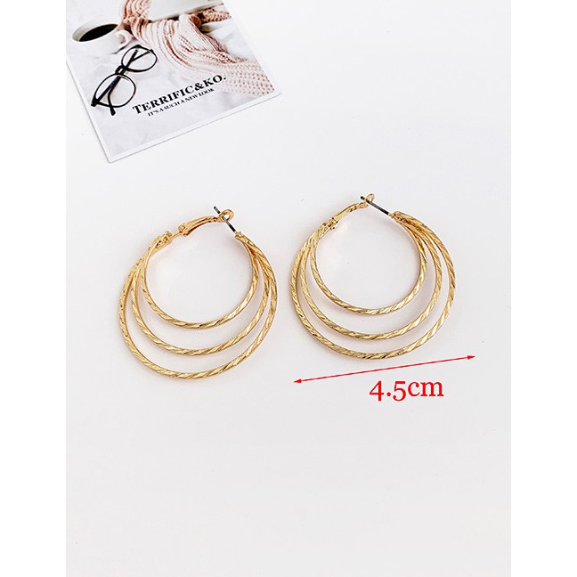 LRC Anting Tusuk Fashion Golden Alloy Three Layer Circle Stud Earrings D84446