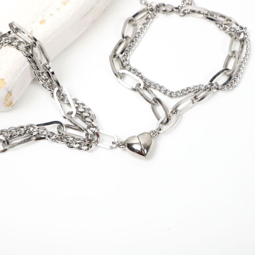 2pcs / Set Kalung Dan Gelang Desain Hati Warna Silver Untuk Pasangan