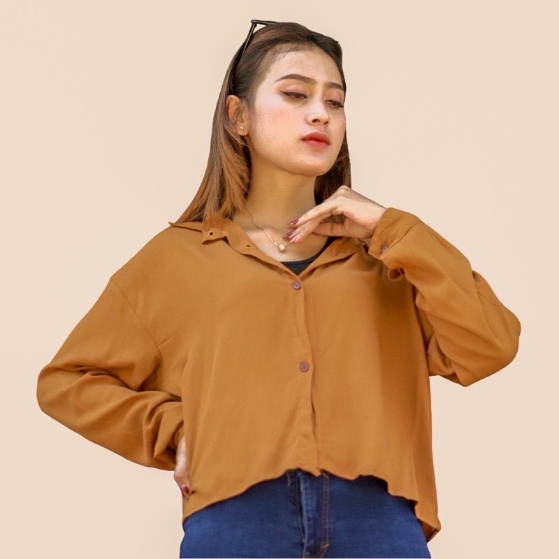 Premium Keisya Crop / Kemeja Crop Crinkle AirFlow / Hanin Crop-CROP CARAMEL