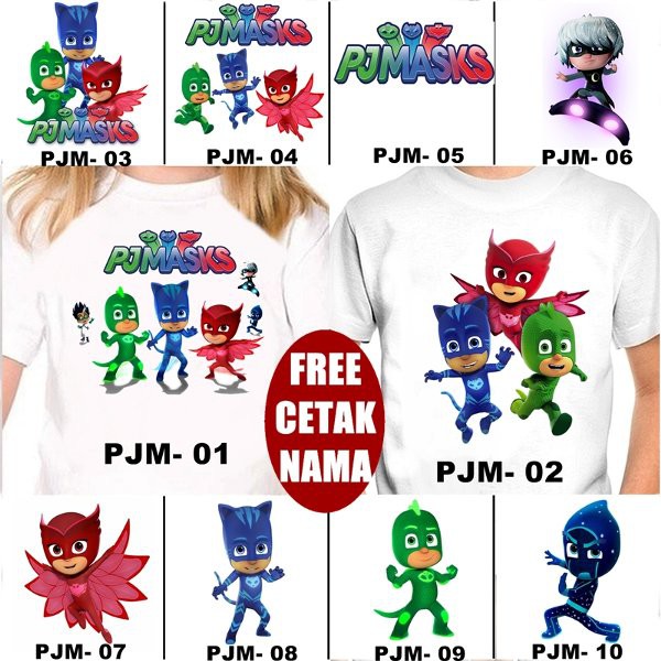 KAOS & BAJU  ANAK PJ MASKS 10 MOTIF FREE TULISAN NAMA