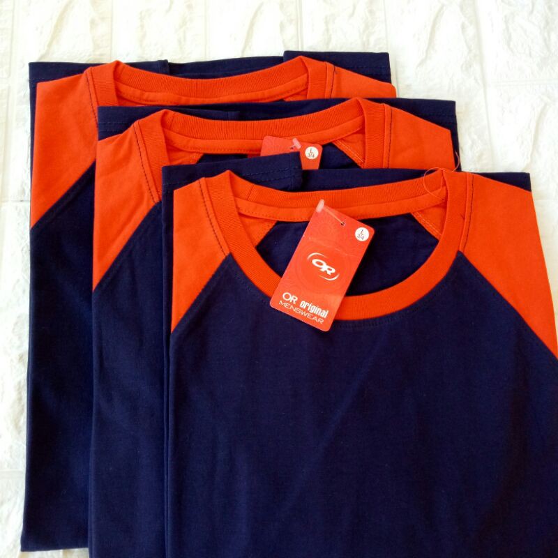 kaos reglan polos NAVY lengan OREN 3/4 uk M L XL XXL dewasa