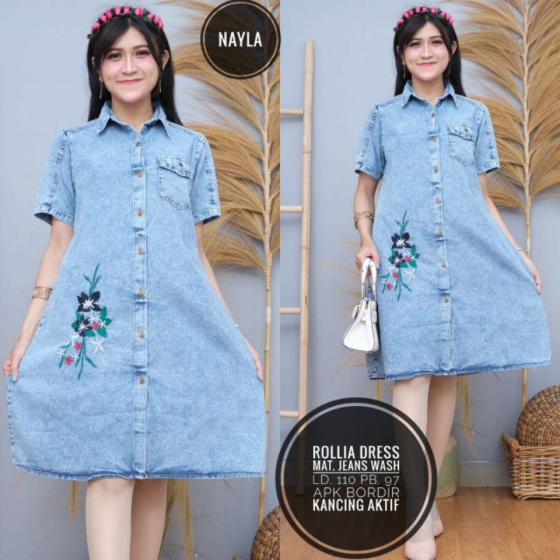 Dress jeans wanita bordir berkerah terbaru/Baju atasan dress jeans midi bordir lengan pendek
