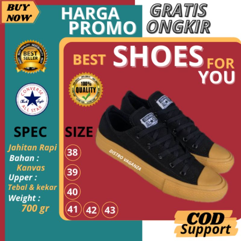 Sepatu Sneakers Converse Low Pria Wanita All Star Original 100% Black Gumb Premium