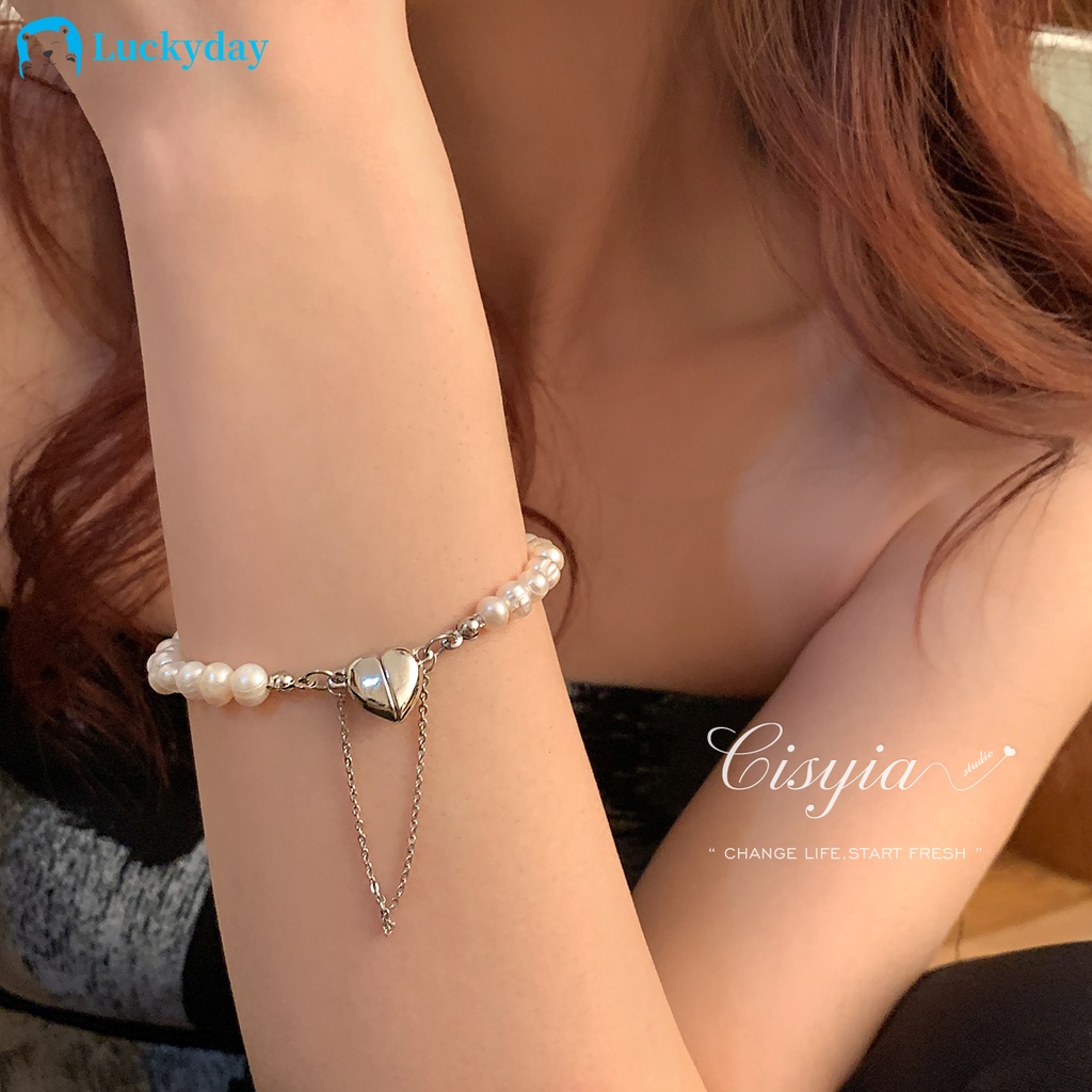 YEEZII Gelang Rantai Magnetik Liontin Mutiara Hati Warna Silver Untuk Wanita