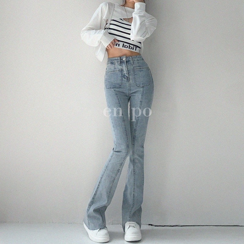 Red High Street Spice Girl Long Leg Jeans Musim Panas Vintage Tinggi Pinggang Slim Lurus Berbahan Microflared Bulu