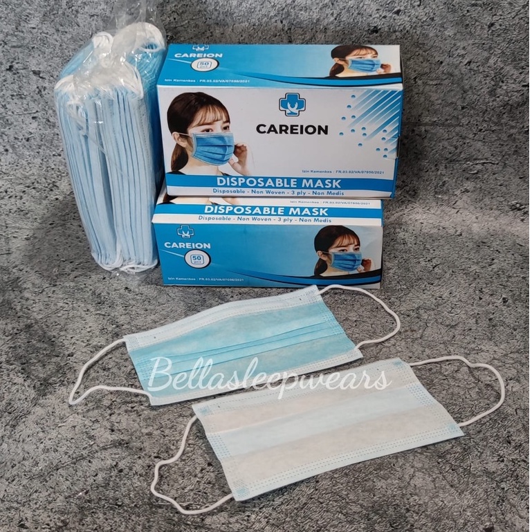 3PLY CAREION BOX - MASKER 3PLY EARLOOP CAREION FACEMASK DISPOSABLE MASK MEDICAL GRADE KEMENKES - BIRU HITAM HIJAU