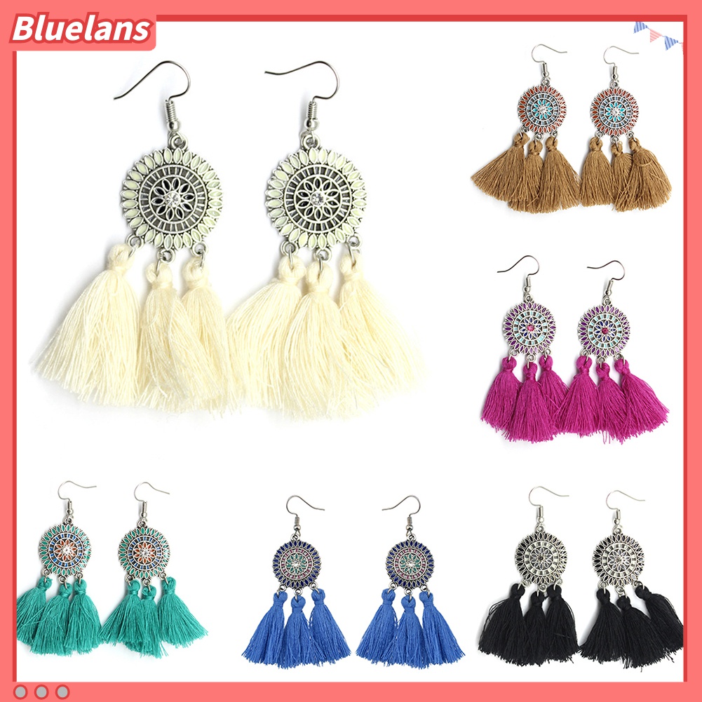 Anting Kait Gantung Panjang Desain Bunga Matahari Rumbai Gaya Boho Untuk Wanita