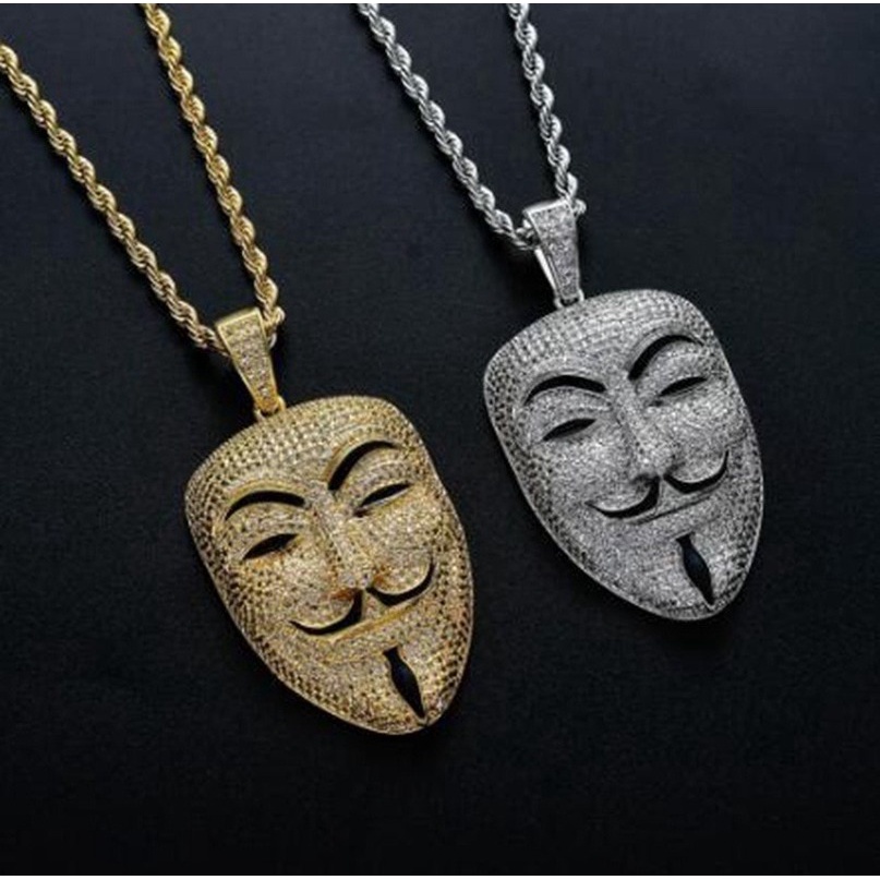 Kalung Liontin Masker Bahan Zircon Gaya Hip Hop Rock Untuk Unisex