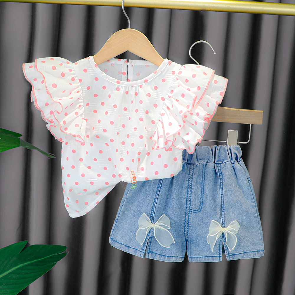 Setelan baju atasan dan jeans anak/pakaian bayi anak perempuan motif polkadot kualitas premium