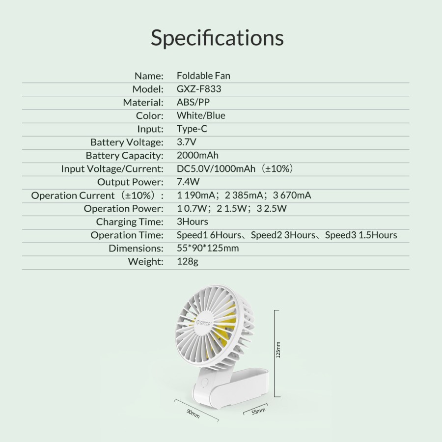 Desktop fan Orico 2000mah foldable portable handheld neck type-c 3 speed fan gxz f833 - kipas angin