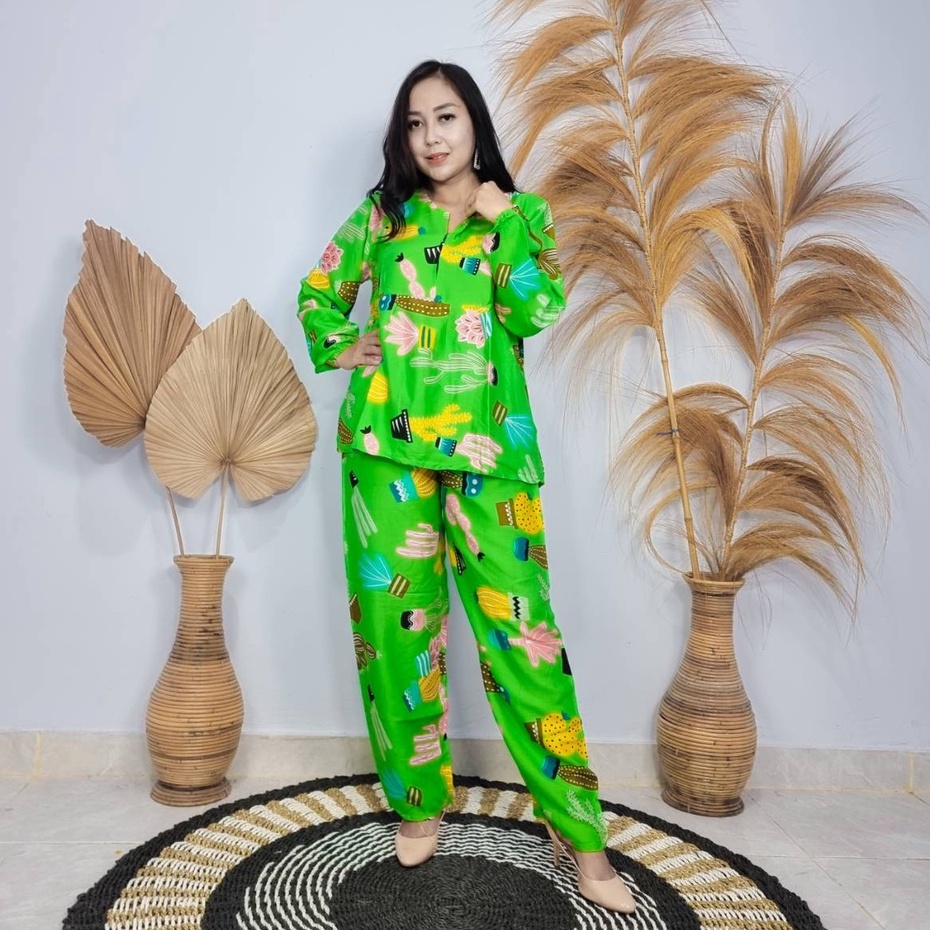 Babydoll Bali Panjang Motif Kaktus Ruffle