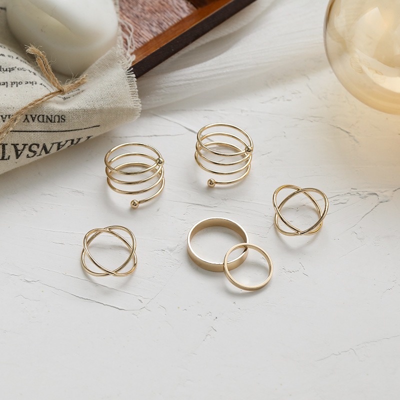 6pcs / Set Cincin Bentuk Geometri Bulat Silang Warna Permen Untuk Wanita