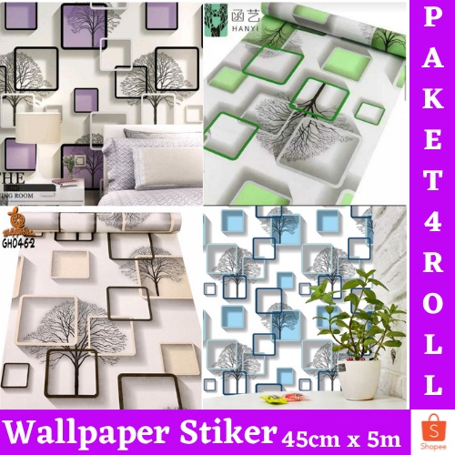 PROMO - TERMURAH Wallpaper Stiker Dinding PAKET 4 ROLL!! ( BUY 3 GET 1 FREE ) WALLPAPER STICKER DINDING GH PREMIUM QUALITY  MOTIF KOTAK 3D UNGU / BIRU / GH046/GH046-1