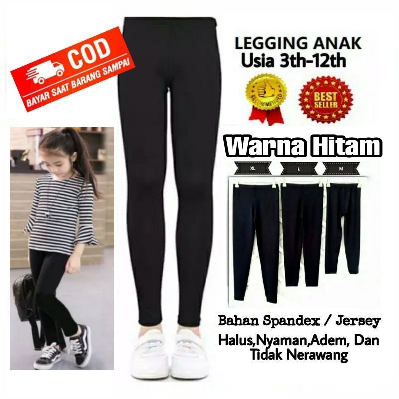 Legging Anak Perempuan Warna Hitam Usia 3-12th Leging Street Olahraga Lejing Sport Daleman Gamis Rok