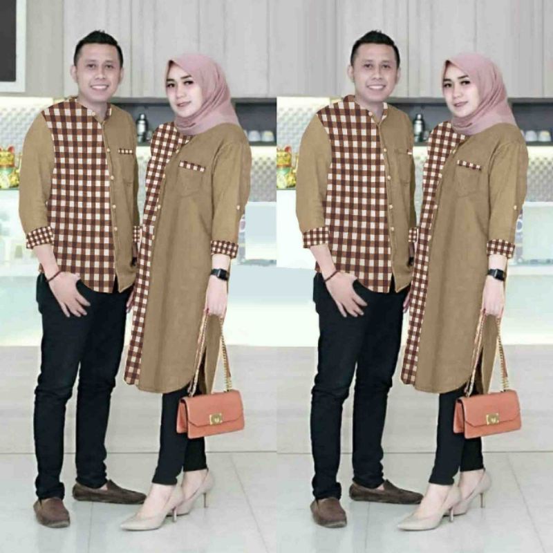 Baju Couple Pasangan Cowok Cewek Kekinian Hits 2021 Tunik Variasi Kotak-Kotak Set Bilar Modern ld106