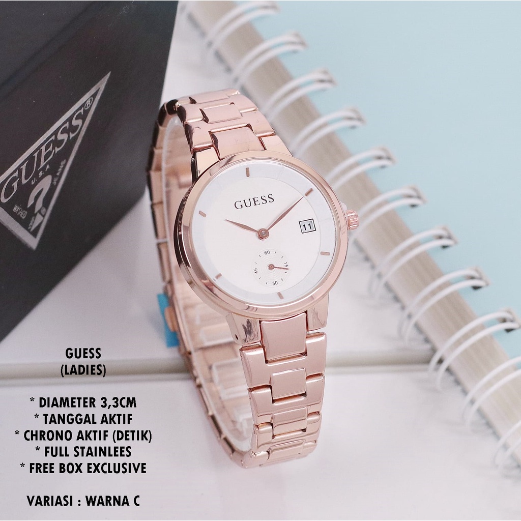 JAM TANGAN WANITA GUESS RANTAI BODY BULAT TANGGAL &amp; CHRONO AKTIF