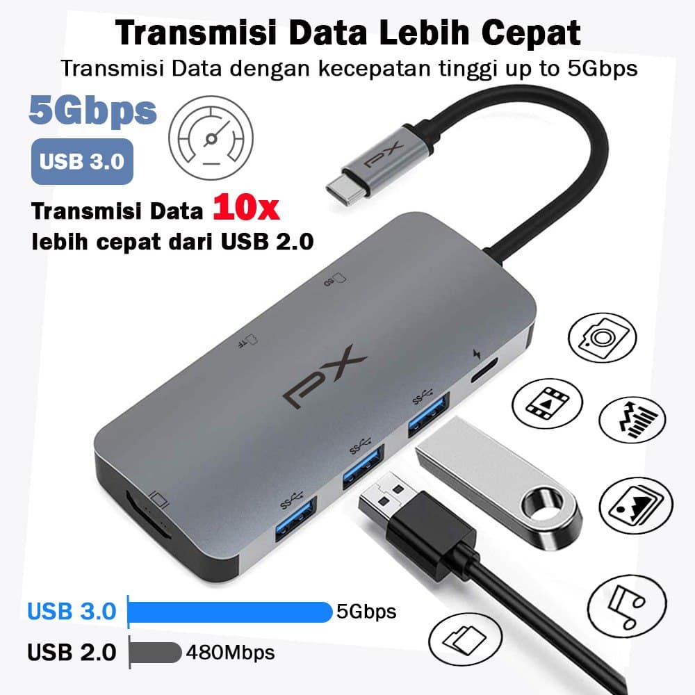 PX UCH17 7 IN 1 USB Hub Type C 3.1 Converter Laptop to HDMI SD Car- Garansi Resmi PX