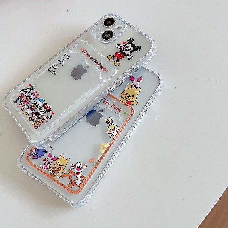 Soft Case Transparan Desain Winnie the Pooh Mickey Card Sleeve Untuk iPhone 12 13 Pro MAX 11 X XR XS MAX