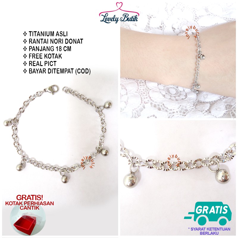 Lovelybutik Gelang Tangan Wanita Titanium Anti Luntur Model Nori donat Bol4 Uk 18 cm BONUS KOTAK PERHIASAN