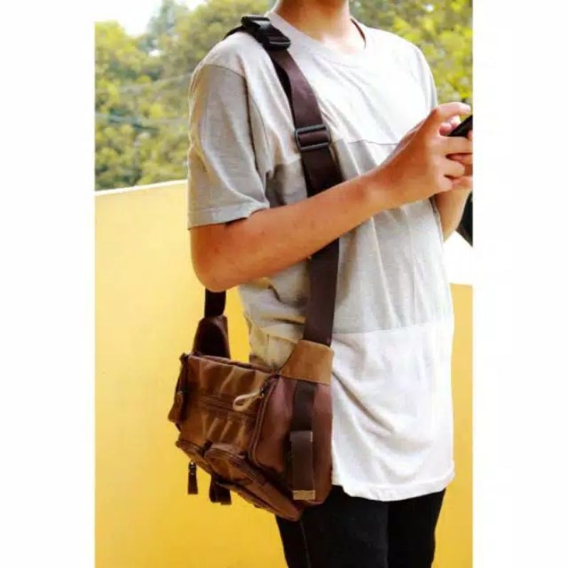 AUTHENTIC Tas Selempang Sling Bag Waist bag Pria Cowok Tactical Kulit Asli Original