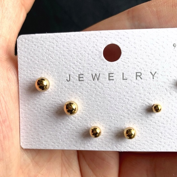 Anting Wanita Kecil Bulat Emas 3 in 1 - Anting Tiga Ukuran Bulat Bola - Women Mini Earrings Silver Plated-2