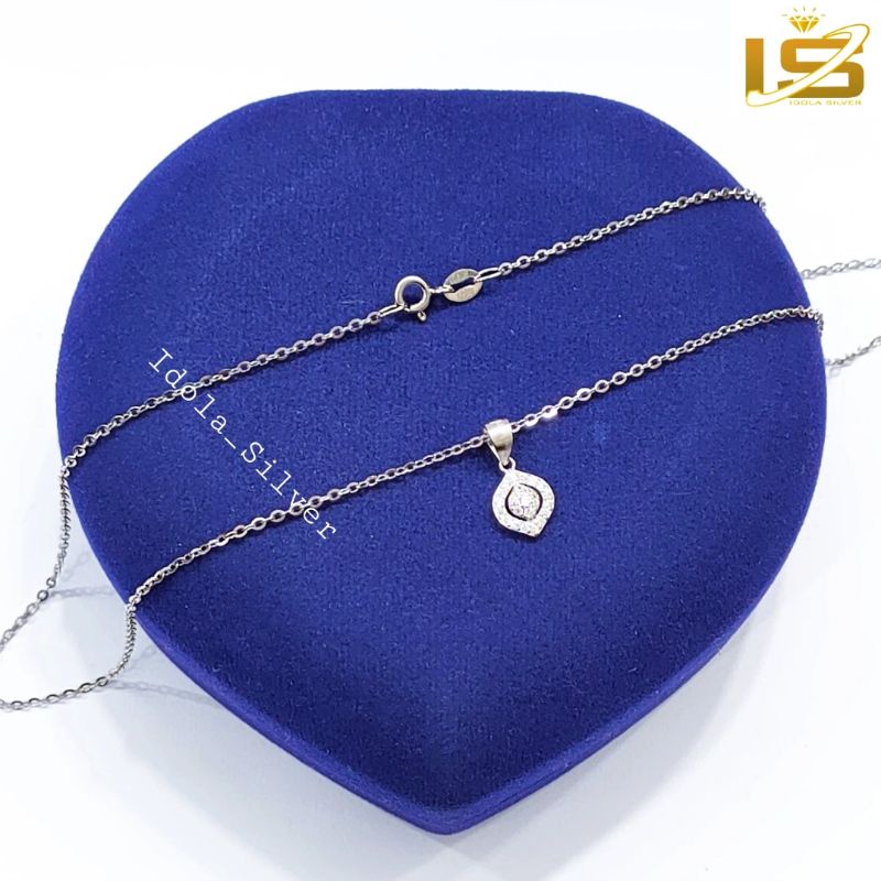 KALUNG PERAK ASLI SILVER WANITA 925 LAPIS EMAS PUTIH MODEL LIONTIN OVAL PERMATA+BULAT PERMATA - PERHIASAN PERAK WANITA ASLI