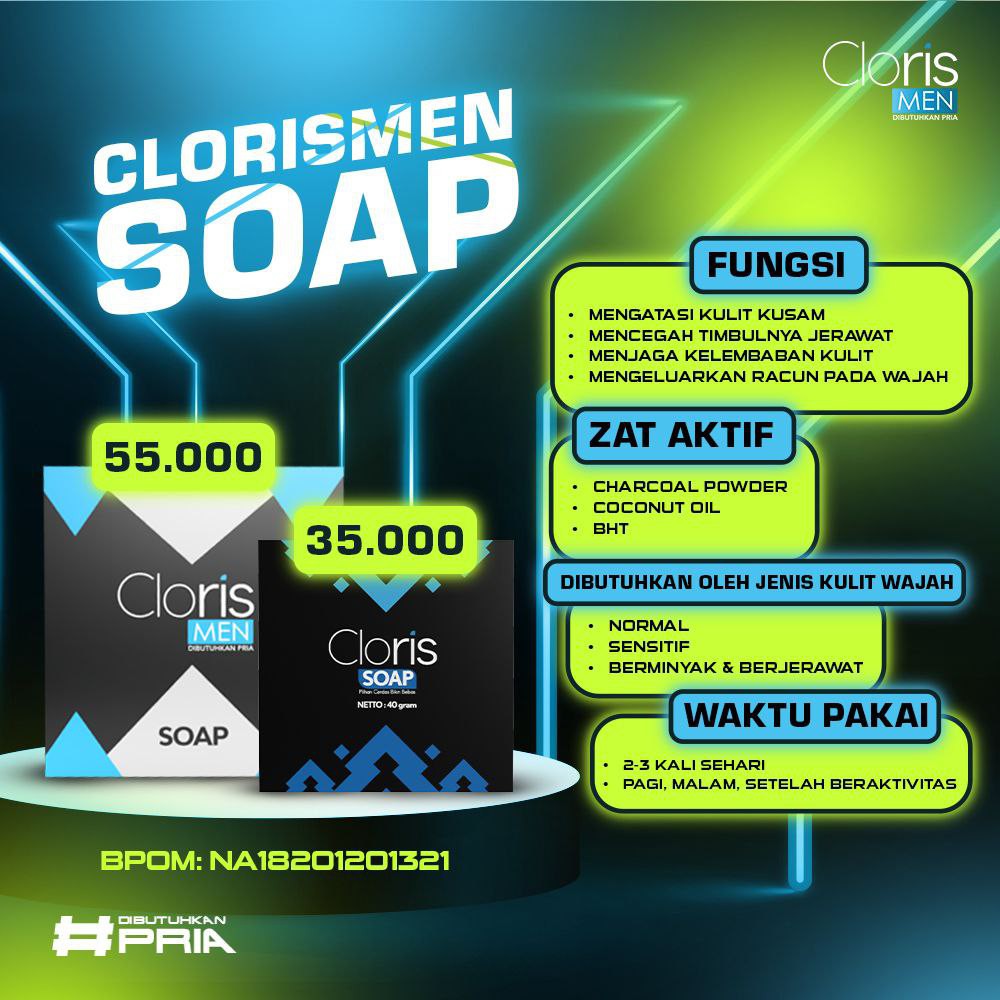 CLORISMEN SKINCARE PRIA memutihkan wajah kusam dan menyembuhkan jerawat bopeng flek hitam komedo MENCERAHKAN MENGHILANGKAN KERUTAN PORI BESAR KOMEDO  BOPENG  SPOT  MENUTRISI KULIT-soap wash 40gr