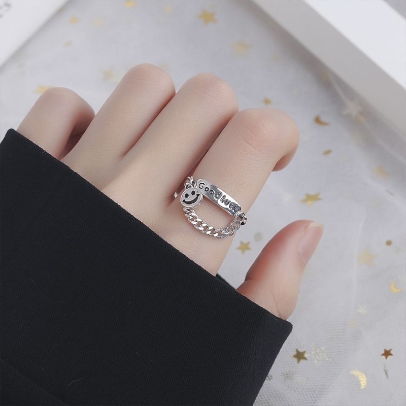 COD❤️2PCS/Set Cincin Rantai Smiley Retro Wanita Minoritas Desain Kepribadian Cincin Jari Telunjuk Tren Mode Impor Aksesoris Murah