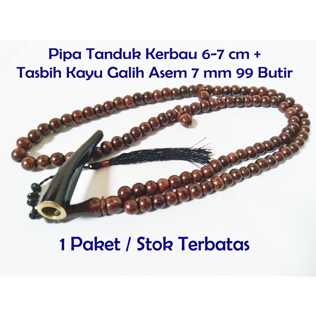 Tasbih Kayu Galih Asem 7 mm 99 Butir + Pipa Ukuran Kecil 6-7 cm (1 Paket)