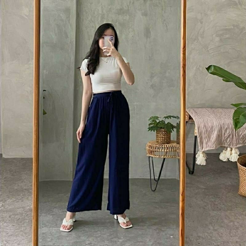 Celana KULOT LINEN All Size Pinggang Full karet model Highwaist Pakai Tali