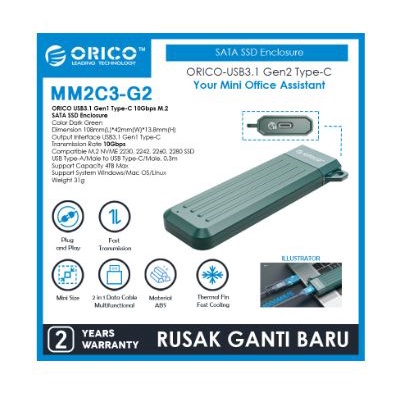 Ssd m2 enclosure orico Nvme usb3.1 type-c 10Gbps up 4tb 2280 mm2c3-g2 - casing m.2 m-key nvmexternal mm2-c3 g2