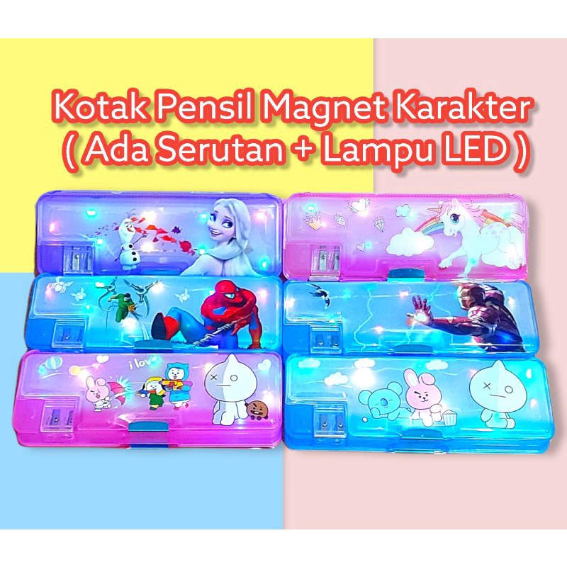 

Tempat Pensil Magnet 2 sisi Lampu LED Disco ada Rautan Frozen Unicorn Princess spiderman