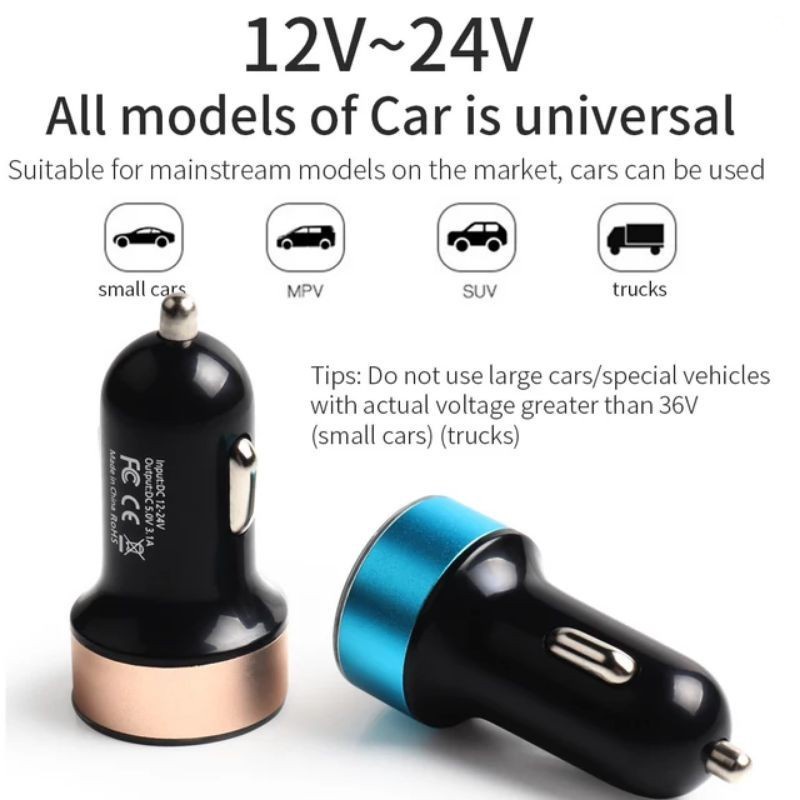 Car Charger Colokan Charger Mobil 2 Ports 3.1A 12V-24V Output