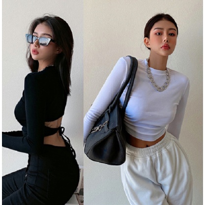 【LIVIAHOME】Korean Sexy Crisscross Tie Back Rib-knit Crop Top 7295