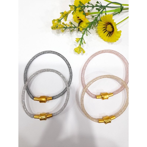 Gelang Gliter Kristal Tali Kawat Pandora Kunci Gold Free Karet Stopper(pembatas gelang)