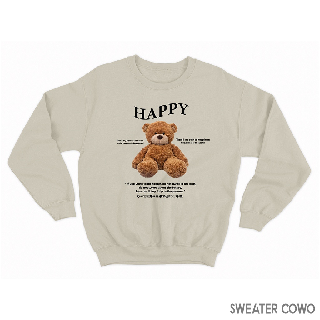 Sweaterpolos Basic Sweater HAPPY BEAR ( Sablon ) Unisex Pria &amp; Wanita