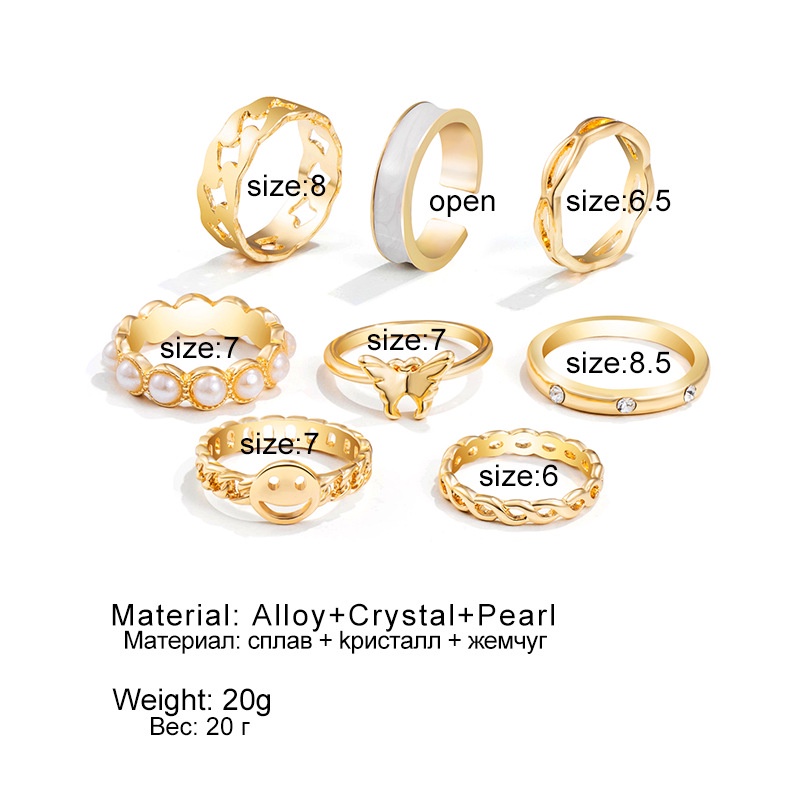 8 piece set  pearl retro ring butterfly smiley fashion ring for women