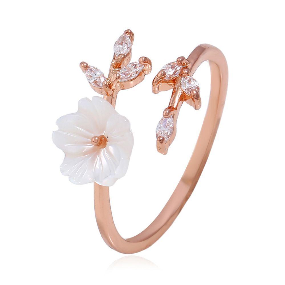 Needway Cincin Terbuka Daun Rose Gold Putih Zircon Shell