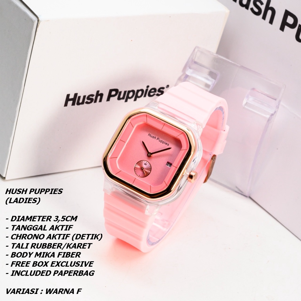 JAM TANGAN WANITA HUSH PUPPIES TALI RUBBER BODY SEGI TANGGAL &amp; CHRONO AKTIF