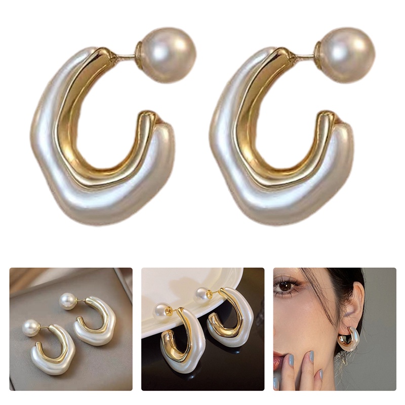 Anting Mutiara Berlian Imitasi Bentuk Bulat Bahan Alloy Warna Emas Untuk Wanita