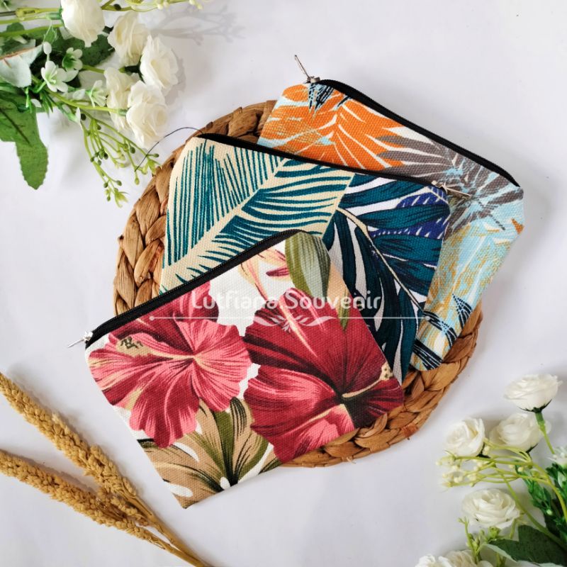 Souvenir Dompet/ Pouch Kanvas Motif Tropical (Besar/Kecil) Grosir