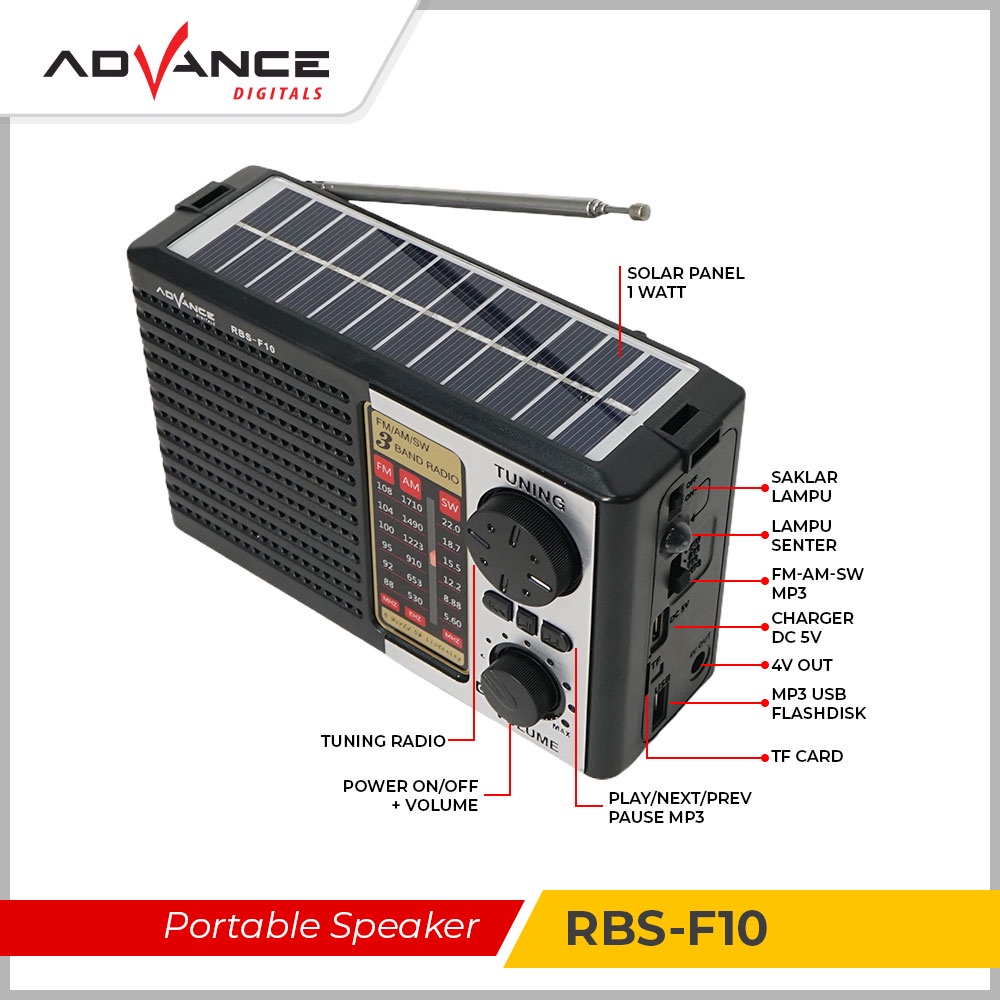 Advance Digitals RBS-F10 Speaker Bluetooth Desain Retro Panel Surya Charger Stero Bass